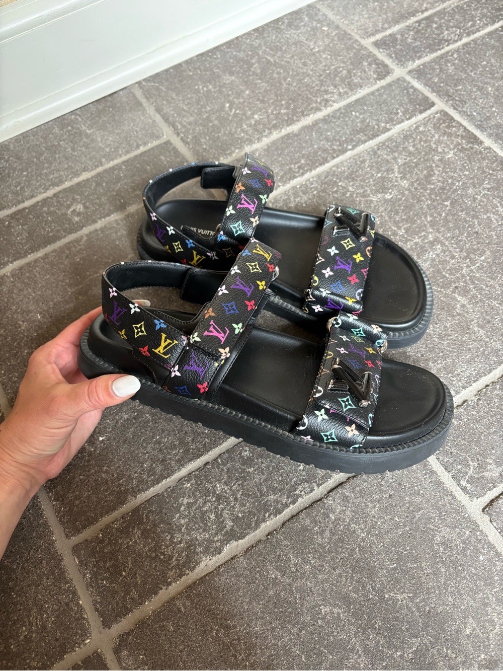 Louis Vuitton Black Multicolor Monogram Sandals - Picture 2 of 4